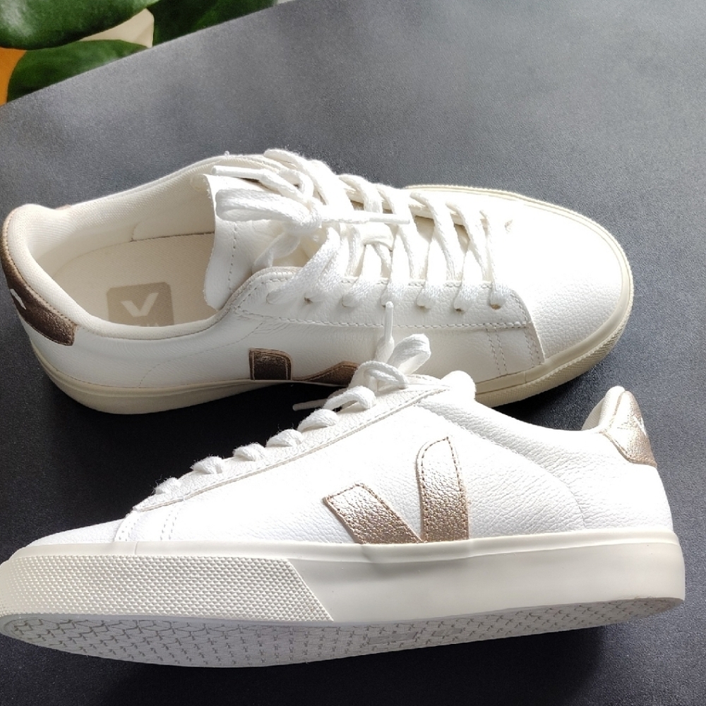 Veja White and Gold Sneakers